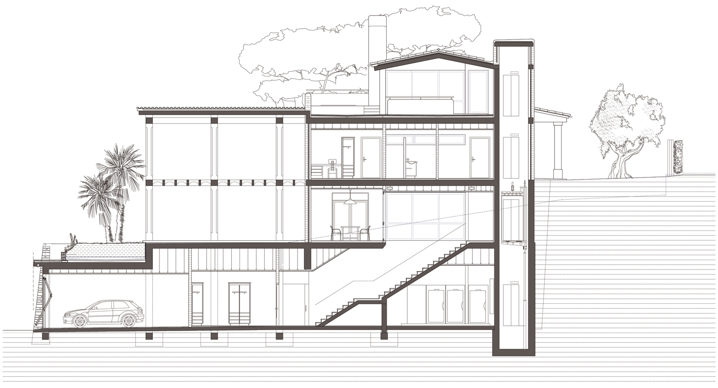 Secció tranversal. Projecte d'obra nova i disseny 3D: 2012 - Habitatge unifamiliar aïllat a Arenys de Mar
